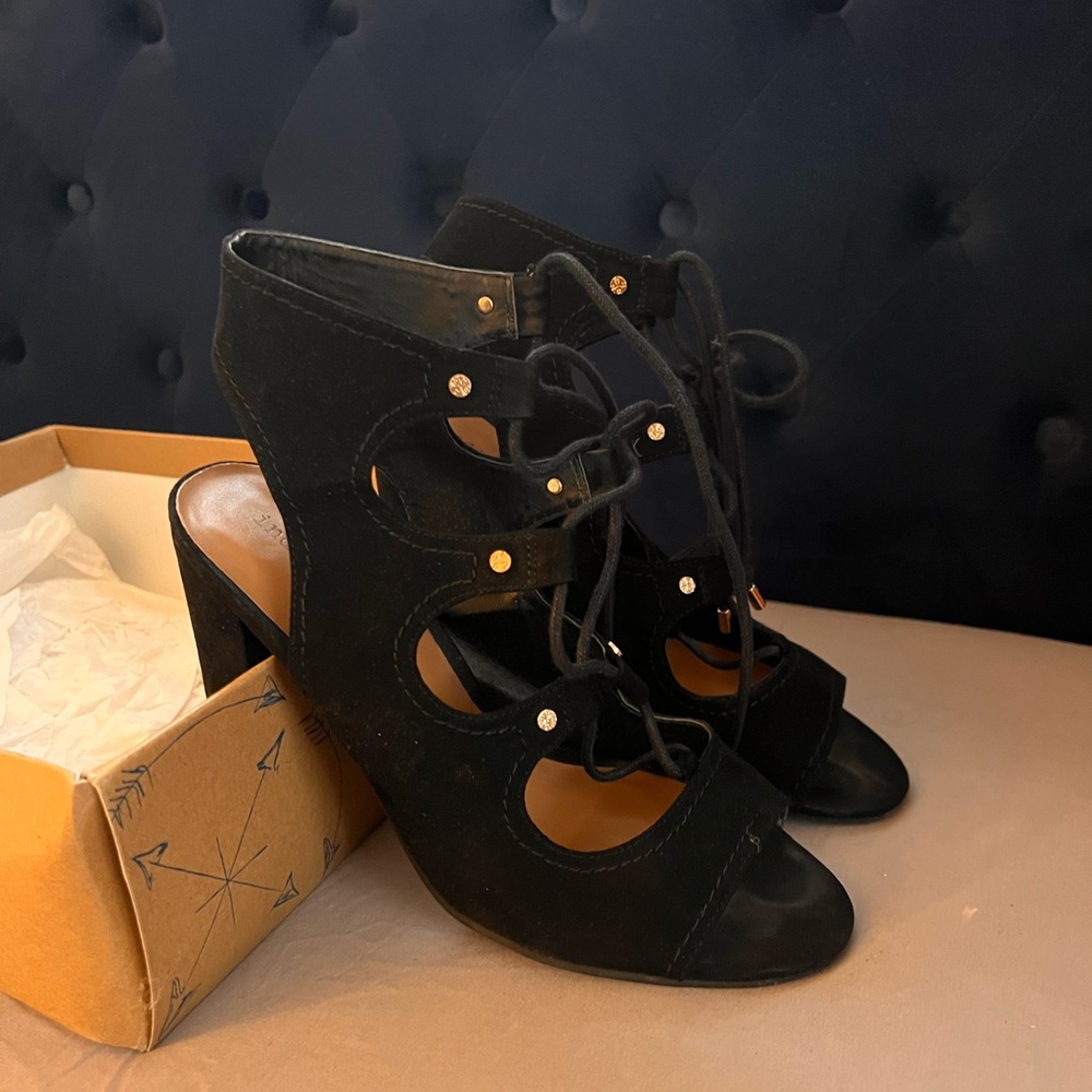 Black suede heeled gladiators